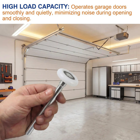 Hand holding a roller from the 10 Pack 7 Inch Stem 2 Inch Sealed Nylon Garage Door Rollers Ultra Quiet Long Lasting High Load Uses 6200 Double Seals Precision Bearings For Home And Commercial Use against a garage background.