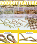 208Pcs Cotter Pin And Hairpin R Pin Assortment Kit With Zinc Plated Steel Fasteners In 11 Sizes in a plastic box, close-up view