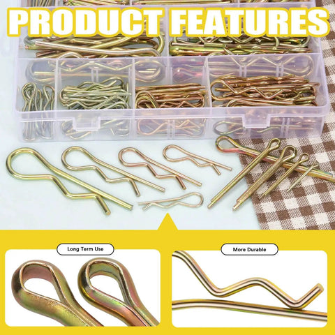 208Pcs Cotter Pin And Hairpin R Pin Assortment Kit With Zinc Plated Steel Fasteners In 11 Sizes in a plastic box, close-up view