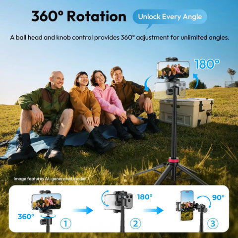 Auto Pop Open Phone Tripod With Remote, No Fuss Setup, 59 Inch Selfie Stick in use for group photo with 360 degree ball head.