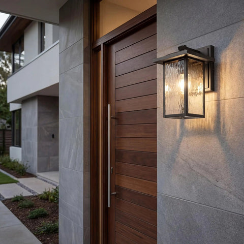 Capanna Outdoor Wall Light In Olde Bronze With Clear Water Glass, illuminating a modern porch, 13.25 inch tall, 8.5 inch wide