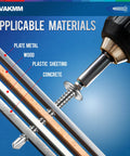 Versatile Sheet Metal Screws Kit With 155 Self Tapping Tek Screws in drilled surfaces for metal, wood, plastic, shown with drill.