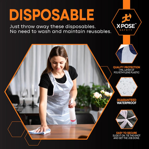 White Disposable Aprons 300 Pack Individually Wrapped Waterproof Polyethylene 1 Mil Durable For Cookin, Food Prep, Cleaning And More 24x48 Inches Everyday Use