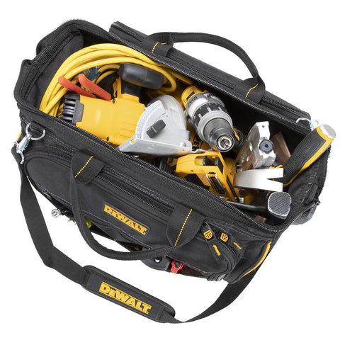 18 Inch Multi Compartment Tool Carrier with 1680D Ballistic Polyester filled with tools and featuring two large outside zip pockets
