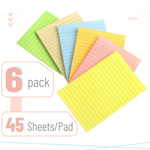 Lined Sticky Notes 4x6 Inch Pastel Color Ruled Post Its, 6 Pads, 270 Sheets Total, displayed in various colors