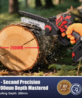 18V Mini Chainsaw With Auto-Oiler, 8-Inch Brushless Cordless Pruning Saw cutting through log, 200mm depth, orange gloves