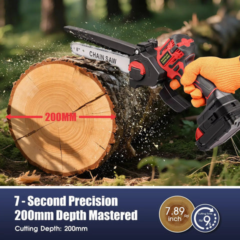 18V Mini Chainsaw With Auto-Oiler, 8-Inch Brushless Cordless Pruning Saw cutting through log, 200mm depth, orange gloves
