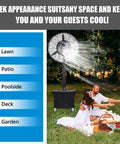 Heavy Duty Oscillating Pedestal Fan With Built In Mister And Nine Gallon Tank Three Speed Settings for outdoor patio and garden use.