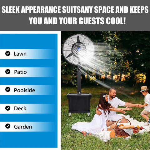Heavy Duty Oscillating Pedestal Fan With Built In Mister And Nine Gallon Tank Three Speed Settings for outdoor patio and garden use.