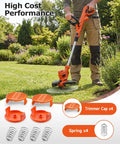 Universal Replacement Spool Cap 4 Pack RC100P For Weed Eater And String Trimmer Parts, Compatible With Black And Decker GH And ST Series Models And More, Pro Grade Cap Covers For Easy Maintenance displayed with a string trimmer in garden scene