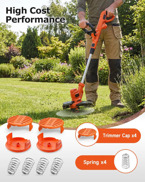 Universal Replacement Spool Cap 4 Pack RC100P For Weed Eater And String Trimmer Parts, Compatible With Black And Decker GH And ST Series Models And More, Pro Grade Cap Covers For Easy Maintenance displayed with a string trimmer in garden scene