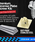 Top Tier Stainless Steel License Plate Screws Bolted Up With Heavy Duty Nylon Inserts, including screws and nylon anchors.