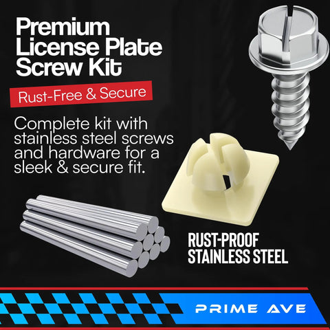 Top Tier Stainless Steel License Plate Screws Bolted Up With Heavy Duty Nylon Inserts, including screws and nylon anchors.