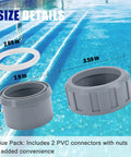 Front view of two gray PVC connectors with nuts and 2-inch heater flange for Raypak pool heater, 2-pack