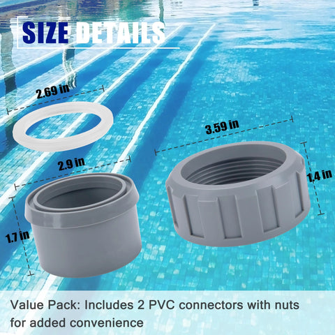 Front view of two gray PVC connectors with nuts and 2-inch heater flange for Raypak pool heater, 2-pack