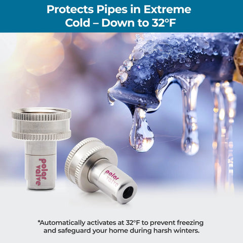 Polar Valve outdoor faucet adapters (2 units), straight-type, stainless steel with knurled ends, frosty background
