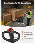 Massive 4400 Lb Electric Pallet Jack Truck With Lithium Battery And 48 Inch Forks For Heavy Material Handling In Warehouses and Supermarkets Plus Easy Ramp Climbing Power showcasing its ergonomic handle and fork height adjustment.