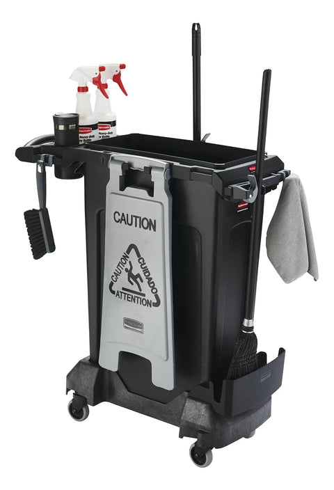 Slim Jim Rim Caddy Kit Plus 23-Gallon Trash Can Utility Cart In Black For Office, School, Hospital, And Public Facilities, On The Go Janitorial Cleaning System With Dustpan Holder, Safety Sign Hooks, And Wide Trainable Dolly