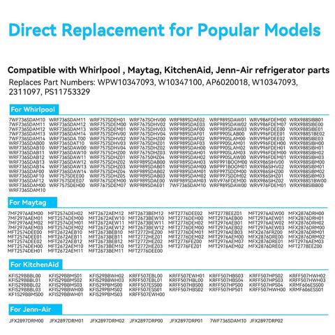 Compatibility chart for ColleRain WPW10347093 removable ice bin; lists Whirlpool, Maytag, KitchenAid, Jenn-Air models.