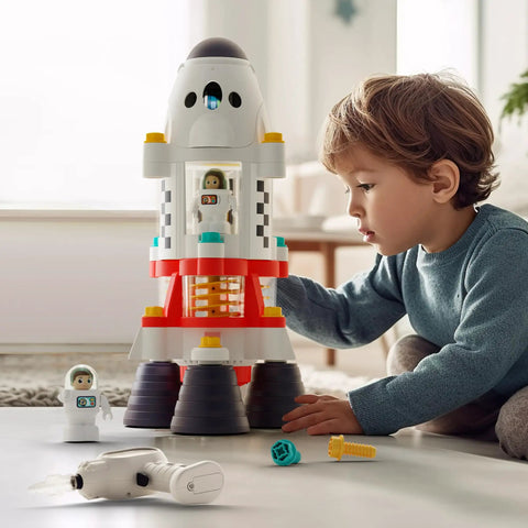Child playing with Hands On Rocket Space Toy Set For Kids Explore The Cosmos With A Spaceship Playset Space Shuttle And An Electric Drill