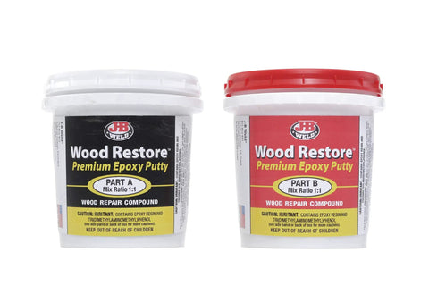 Two containers of Wood Restore Premium Epoxy Putty Kit DIY Fix For Rot, Dents, Gaps, And Structural Repair Of Damaged Wood