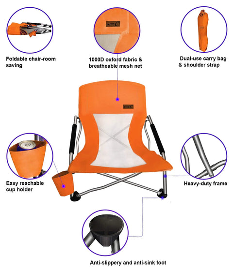 Low Profile Beach Chair Set Of 2 For Adults And Kids, Foldable Sling Chairs With Cup Holder, Portable Carry Bag, Orange chair details