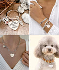 Cheriswelry 33mm stainless steel heart pendant charms with snap-on bails; shown on bracelets, a necklace, and a dog collar.