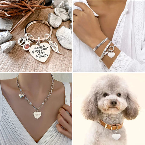 Cheriswelry 33mm stainless steel heart pendant charms with snap-on bails; shown on bracelets, a necklace, and a dog collar.