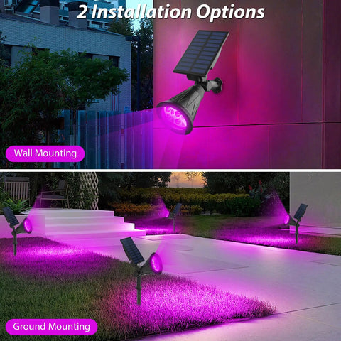Purple Solar LED Spotlight 2 Pack Outdoor Waterproof Landscape Lights with auto on off wall and ground mounting options