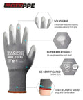PU Coated Touchscreen Work Gloves 18 Pair Pack For Men And Women, Lightweight Mechanic Gloves, Breathable 13 Gauge Knit Shell, Grey, 2XL, Great Grip, All Day Comfort, shown with solid grip feature and high elastic wrist.