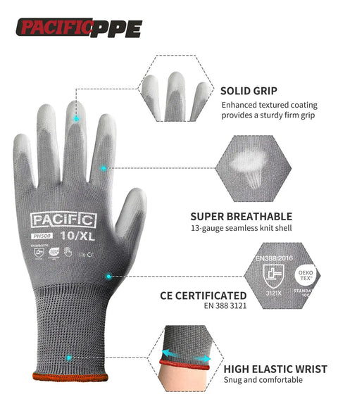 PU Coated Touchscreen Work Gloves 18 Pair Pack For Men And Women, Lightweight Mechanic Gloves, Breathable 13 Gauge Knit Shell, Grey, 2XL, Great Grip, All Day Comfort, shown with solid grip feature and high elastic wrist.
