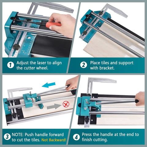 Step-by-step instructions for using a 16 Inch Manual Tile Cutter with Tungsten Carbide Scoring Wheel For Porcelain And Ceramic Tiles.