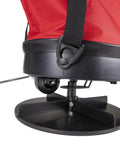 Close-up of 2750 25lb Nylon Bag Seeder And Spreader With Cross Shoulder Strap, Red Precise Placement Disk and Spring Shutoff.