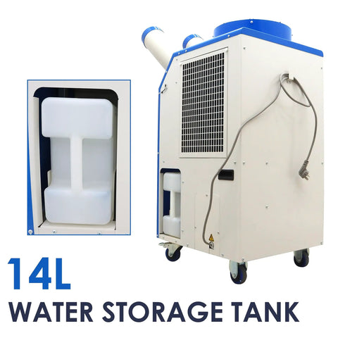 Heavy Duty Portable Air Conditioner 18,700 BTU Industrial Spot Cooler with 14L water storage tank for efficient cooling.