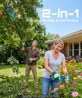 Man trimming tree and woman pruning flowers with 2 In 1 Electric Pole Pruner With 4 Mode Adjustable Cut And 2 Point 2 Inch Diameter
