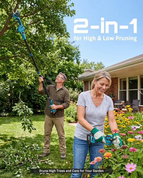 Man trimming tree and woman pruning flowers with 2 In 1 Electric Pole Pruner With 4 Mode Adjustable Cut And 2 Point 2 Inch Diameter