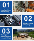 Steps for using Hand Operated Hydraulic Crimping Tool With 9 Die Set for railing installation, battery cable, and wire compression.