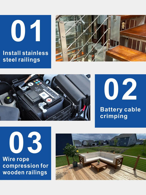 Steps for using Hand Operated Hydraulic Crimping Tool With 9 Die Set for railing installation, battery cable, and wire compression.
