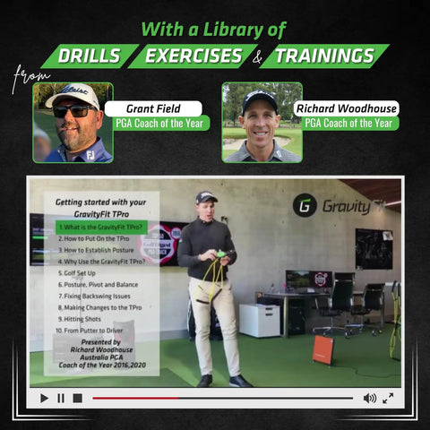 Coach demonstrating TPro Green 2.0 Golf Swing Training Aid with heavy resistance at practice facility