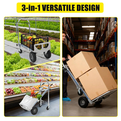 3 In 1 Aluminum Convertible Hand Truck Dolly Heavy Duty Hauler With 800 To 1000 Lb Capacity All Terrain Pneumatic Tires And Smooth Swivel Casters For Easy Load Transport, shown hauling boxes and produce