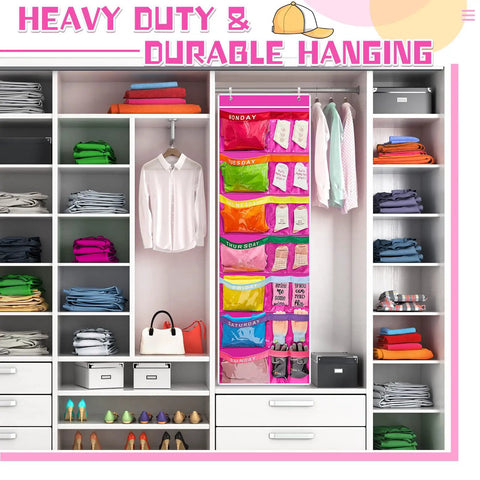 Two Pack Kids Week Clothes Organizer 59.5 By 18 Inch Hanging Closet Organizer With 14 Pockets For Monday To Sunday Rainbow Labeled