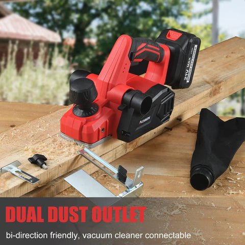 Cordless Electric Hand Planer 21V 16,000 RPM with 3-1/4 inch width, Li-ion battery, and accessories on wood plank