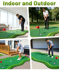 Four setups of a 5ft By 10ft Golf Putting Green Mat For Indoor Outdoor Practice With Real Green Feel And Realistic Turf Large Pro