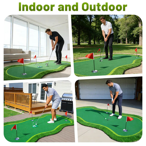 Four setups of a 5ft By 10ft Golf Putting Green Mat For Indoor Outdoor Practice With Real Green Feel And Realistic Turf Large Pro