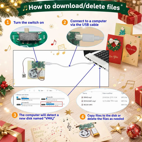 How to download/delete files for Two Piece Diy Audio Recorder And Player Kit Providing Usb Type C Connectivity, showing USB connection steps.
