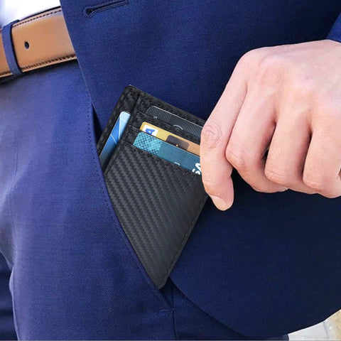 Leather Slim Minimalist Wallet With RFID Protection For Men And Women Front Pocket Card Holder in use