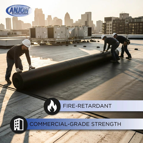 Two workers unrolling Heavy Duty 60 Mil Epdm Rubber Roofing Membrane Roll For Flat Roofs Sized At 20 Feet By 80 Feet on commercial building.
