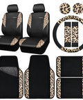 Dope Leopard Print Faux Leather Car Seat Covers, Leopard Car Mats, Steering Wheel Cover, And Seat Belt Pad Set displayed