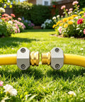 Upgrade Your Sprinkler Setup With This Solid Brass Garden Hose Repair Kit Featuring Two Sets Of Universal Connectors For 5/8 Inch And 3/4 Inch Tubes Plus Heavy Duty Male Female Mender Fittings To Fix Leaks Fast. Brass hose repair connectors on a yellow garden hose in grass