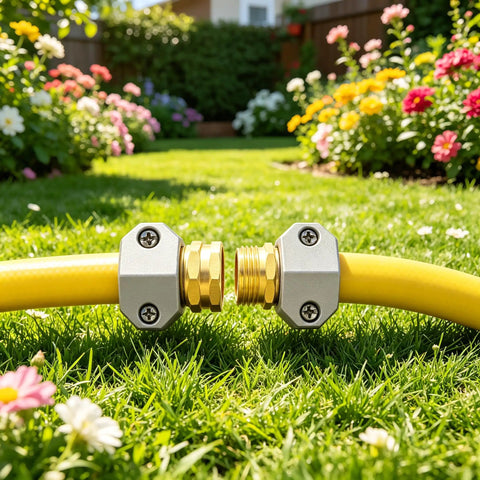 Upgrade Your Sprinkler Setup With This Solid Brass Garden Hose Repair Kit Featuring Two Sets Of Universal Connectors For 5/8 Inch And 3/4 Inch Tubes Plus Heavy Duty Male Female Mender Fittings To Fix Leaks Fast. Brass hose repair connectors on a yellow garden hose in grass